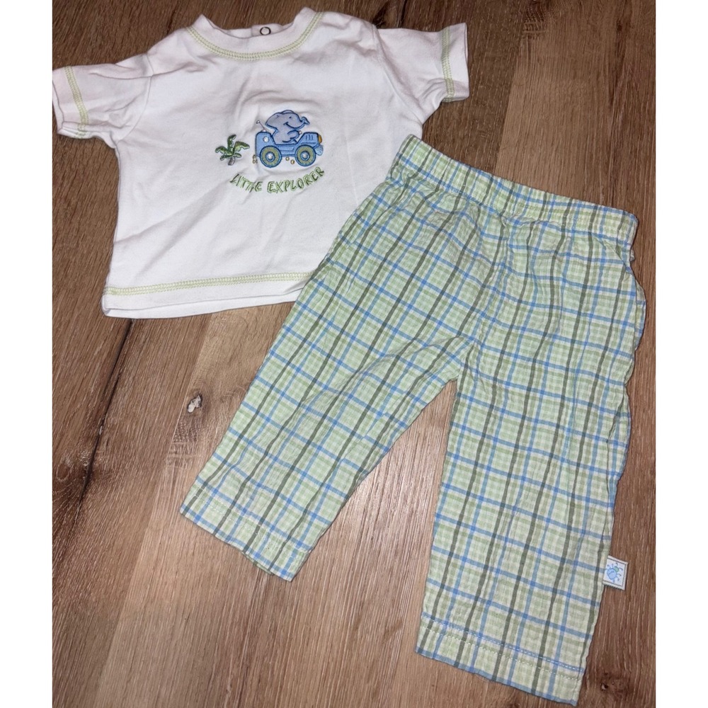 Vintage McBaby 0-3 Months Infant Outfit Little Explorer Elephant‎ T Shirt Plaid